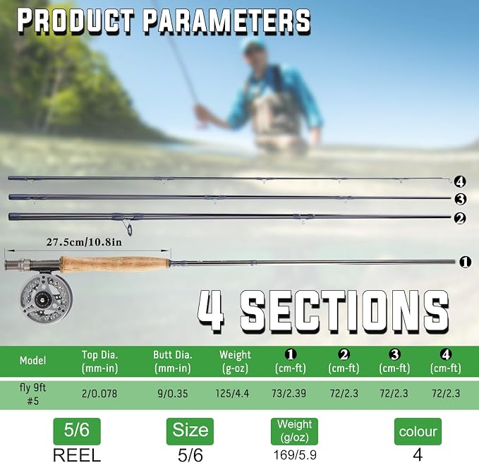 Sougayilang 5/6 Weight 9ft Fly Rod, 4-Piece Graphite Rod, Die Cast Aluminum Reel, Carrying Case, Fly Box & Fishing Flies Combo Starter Kit