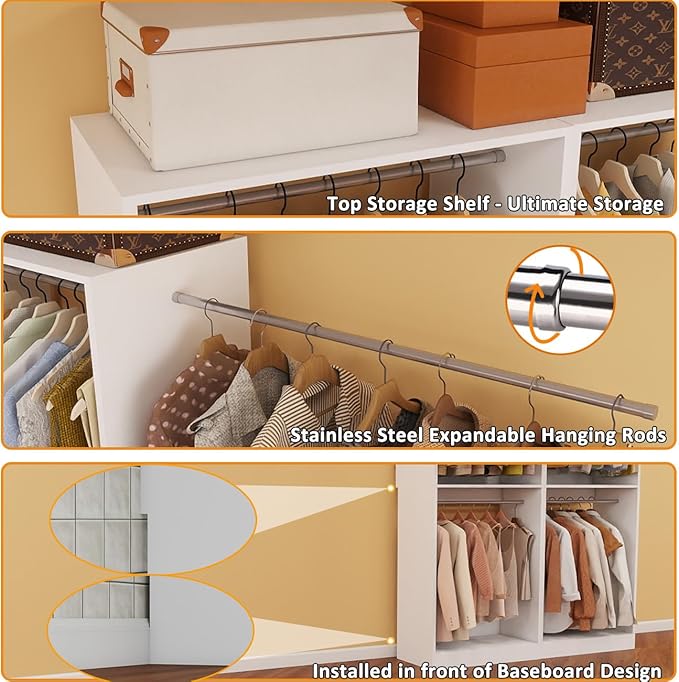 Closet System, 8FT Closet Organizer System Small Wood Walk-in Closet Freestanding System Corner Closets Shelf Storage with 12 Hanging Rods, Modular Closet Systems White (8FT)