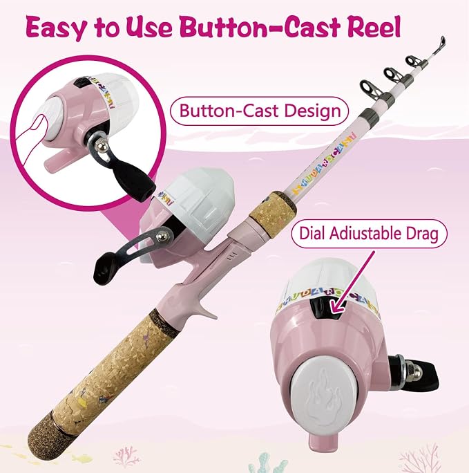 Kids Rod Set, Kids Fishing Rod and Reel Combo and Fishing Net Tackle Box with Fishing Lure Hook and Bag for Girls Beginners, Kids, Youth Anglers