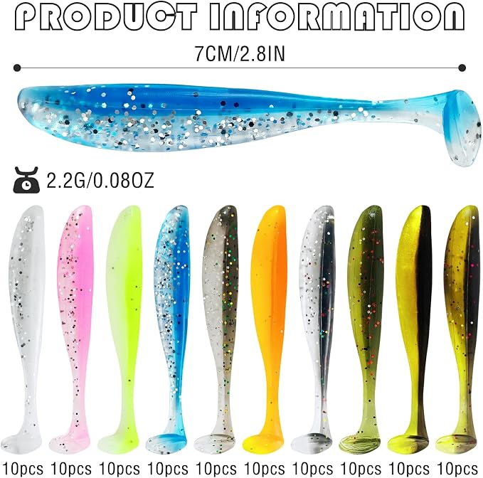 Soft Fishing Lures Kit Paddle Tail Swimbaits Plastic Worms Set Mixed Color Minnow Jerkbait Bass Lure Baitsfor Trout,Walleye,Crappie
