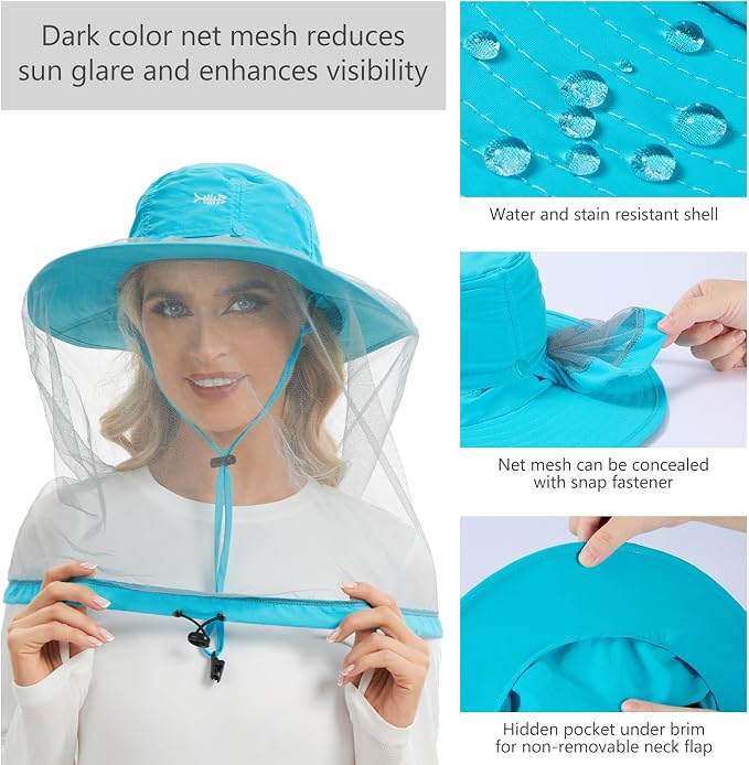 BASSDASH UPF 50+ Mosquito Sun Hat with Hidden Head Net and Neck Flap for Men Women Outdoor Fishing Hiking Camping