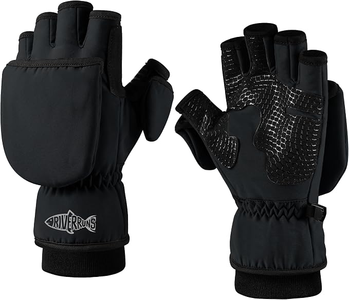 Riverruns Winter Fishing Gloves Convertible Mittens and Fingerless Gloves for Men Women, Ideal for Ice Fishing, Photography, Hunting, Outdoor Use