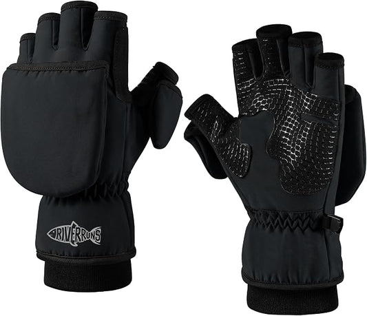 Riverruns Winter Fishing Gloves Convertible Mittens and Fingerless Gloves for Men Women, Ideal for Ice Fishing, Photography, Hunting, Outdoor Use