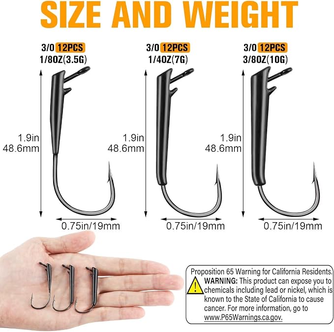 Dovesun Ozark Rig Fishing Hooks, 12PCS Weedless Weighted Jig Heads for Soft Plastics, 3/0 Texas Rig Hooks for Bass Fishing, Freshwater & Saltwater, 1/8 oz 1/4 oz 3/8 oz