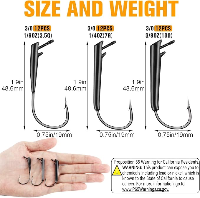 Dovesun Ozark Rig Fishing Hooks, 12PCS Weedless Weighted Jig Heads for Soft Plastics, 3/0 Texas Rig Hooks for Bass Fishing, Freshwater & Saltwater, 1/8 oz 1/4 oz 3/8 oz
