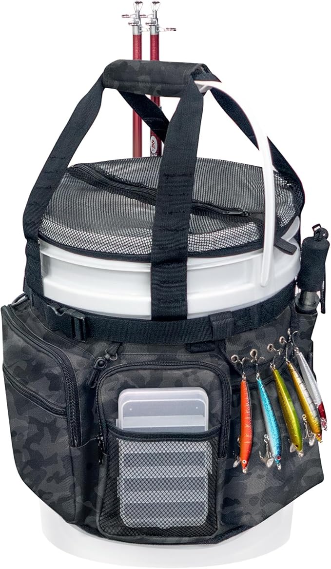 Fishing Bucket Organizer with Bucket Cover Fishing Tackle Bag with Rod & Plier Holder, Multi-Pockets for 5 Gallon Bucket Fishing Gear & Accessories Father Gifts