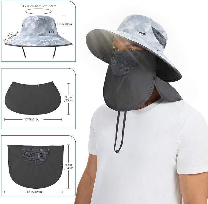 BASSDASH UPF 50+ Breathable Sun Hat with Removable Face Cover and Neck Flap Wide Brim Bucket Hat for Fishing Hiking Men Women