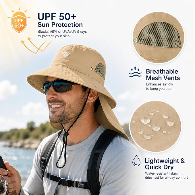 Palmyth Fishing Hat with Detachable Neck Flap UPF 50+ Sun Hats for Men, Breathable Mesh UV Protection for Fishing Hiking