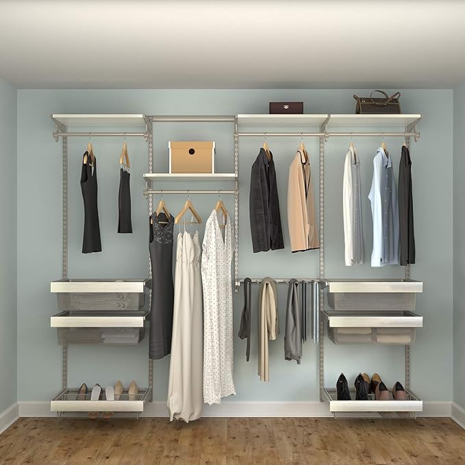 Closet Culture Steel Closet Organization System, Mounted Storage Kit with Shelves and Hanging Rods, 8 ft., 0300-KITA-8WT. White Finish