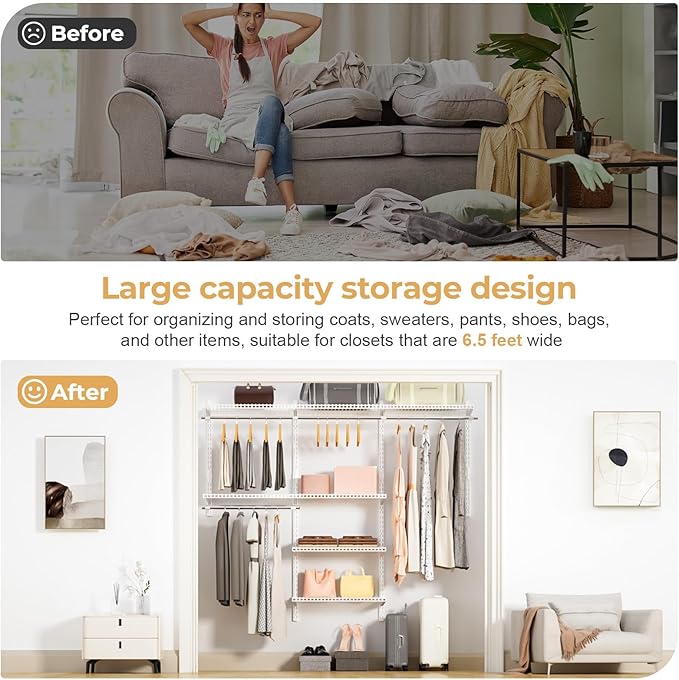 Wire Closet Organizer System, Wall Mounted 6.5 Ft. Custom Closet Kit for Bedrooms, Adjustable Storage Shelves for Clothes, Shoes, and Handbags