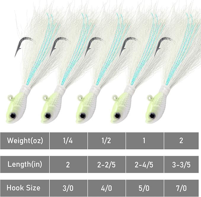 Alwonder 5-Pack Bucktail Jigs Hair Jigs Saltwater Freshwater Fishing Bucktail Lures Surf Fishing Jig Heads White Luminous Chartreuse Swimbait Jig for Bass Flounder Striper Bluefish Halibut Redfish