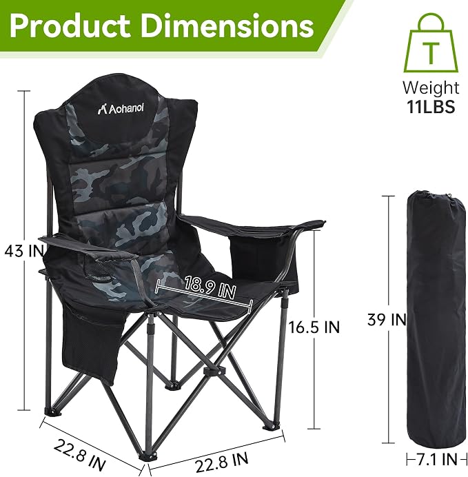 Aohanoi Camping Chairs for Heavy People,Folding Lawn Chairs for Outside Heavy Duty,Outdoor Oversized Chairs for Adult with Cup Holder and Large Cooler Bag,Beach Camp Chairs Supports up to 500lbs