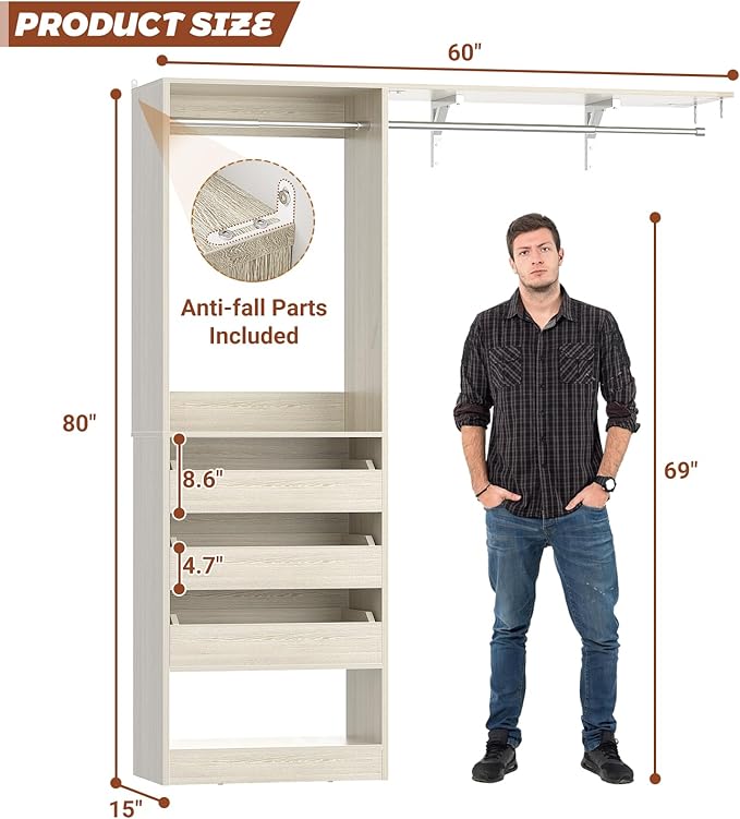 60" Wide x 80" Tall Closet System with 3 Half-Open Wooden Drawers, 5FT Closet Organizer System with 2 Hanging Rods & Removable Tower, Freestanding Wardrobe Organizer for Walk-in Bedroom, White Oak