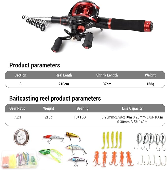 Lixada Fishing Rod and Reel Combo with Fishing Lures for Adult, 6.89ft/2.1m Telescopic Fishing Rod with Baitcasting Reel 18+1BB Right/Left Hand Portable Fishing Kits Complete for Fishing Trip