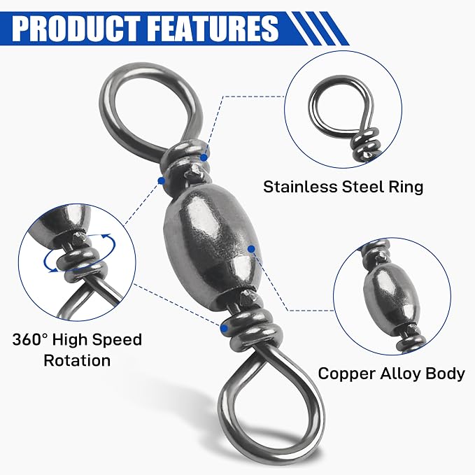 Fishing Barrel Snap Swivels, Stainless Steel Snap Swivels Fishing Tackle Rolling Barrel Swivel with Safety Snap Connector for Saltwater Freshwater