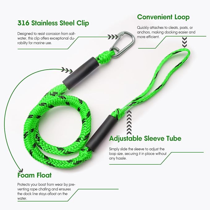 4 Feet Bungee Dock Line with Stainless Steel Clip & Foam Float 2pcs, Mooring Rope for Docking with Built-in Snubber, Ideal Boat Accessories for PWC, Jet Ski, SeaDoo, Kayak, Pontoon, Canoe