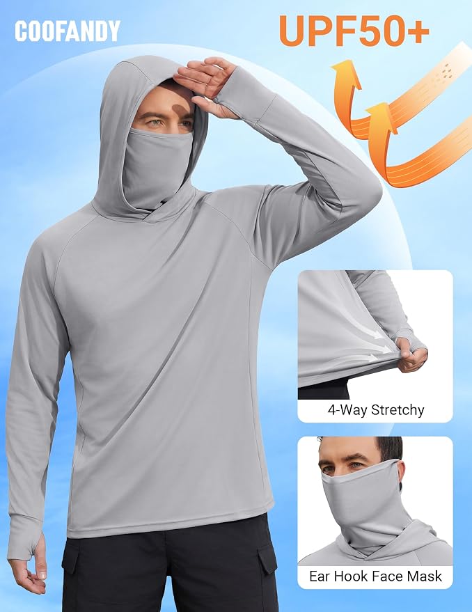 COOFANDY Mens UPF 50+ Sun Protection Hoodie with Mask Lightweight Long Sleeve SPF Fishing Shirts UV Hiking Running Rash Guard