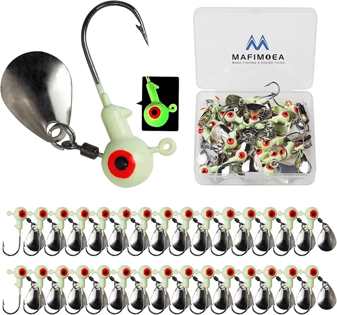 15/20/30Pcs Underspin Jig Heads with Spinner Fishing Jig Heads Hooks Set Crappie Jigs Fishing Jig Hooks Assortment Saltwater Freshwater Bass Crappie Trout Glow in The Dark…