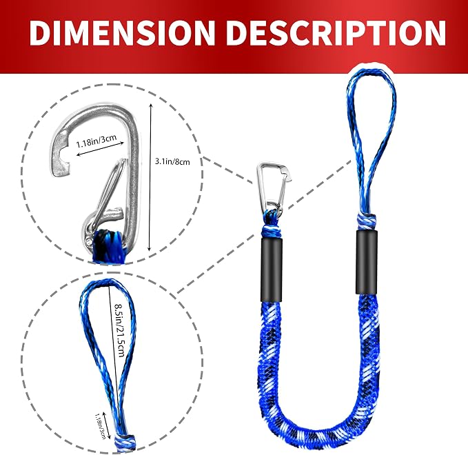 Bungee Dock Line with Stainless Steel Clip – Boat Dock Rope with Foam Float for Kayak, Canoe, Pontoon, Watercraft, SeaDoo, Docking – 4–5.5 ft, 2 Pack（Blue&White）