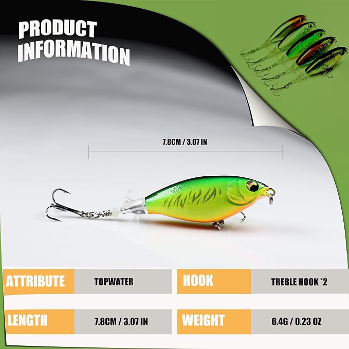 EXAURAFELIS Topwater Buzz Lure, Floating Rotating Tail Fishing Lure, Surface Noisy Hard Bait, Artificial Segmented Bait for Bass, Pike, Trout, Freshwater Saltwater Angling Tackle