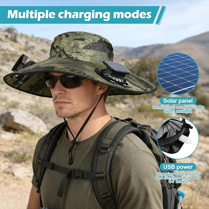 Wide Brim Sun Hat with 2 Solar Fans, UPF 50+, USB Charging for Fishing, Hiking, Beach | Solar Power Hat