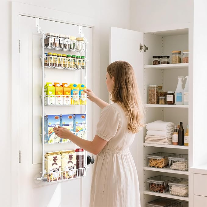 Delamu Over The Door Pantry Organizer, 5-Tier Pantry Door Organizers and Storage with Adjustable Basket, Metal Hanging Spice Rack, Seasoning Organizer, Door Organizer for Home Kitchen Bathroom, White