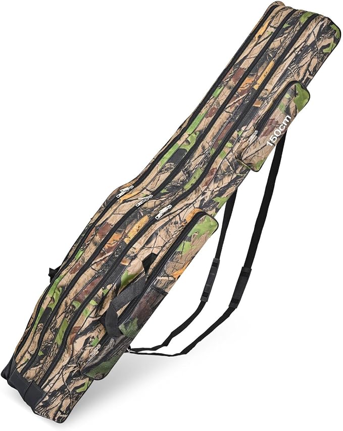 3 Layers Fishing Pole Bag,Portable 3 Layers Oxford Folding Rod Carry Case,Fishing Reel Tackle Storage Bag Case