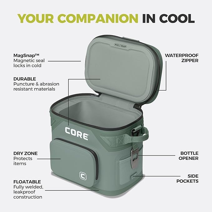 CORE Magnetic Leak Proof Soft Cooler with Waterproof Zipper | Insulated Bag Portable Ice Chest Box | Best Soft Cooler for Food & Beverages for Tailgating, Car Camping, Travel, and Family Beach Picnics