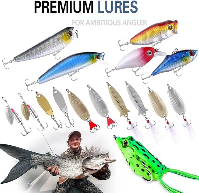 PLUSINNO Fishing Lures, All-in-One Fishing Tackle Box with Tackle Included, Fishing Gear Lure Bait Accessories Kit for Freshwater Bass Trout, Ideal Fishing Gifts for Men, Father & Beginners