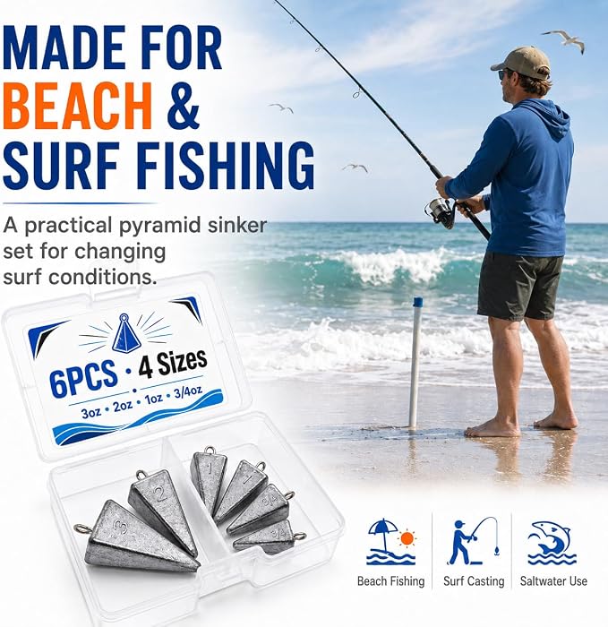 SANWEAL Pyramid Sinkers Fishing Weights, 6/14Pcs 4/6 Sizes 1oz-6oz Lead Fishing Sinkers for Surf Fishing, Anti-Roll Triangle Sinkers for Saltwater Freshwater Bottom Fishing, Catfish Pompano Rigs
