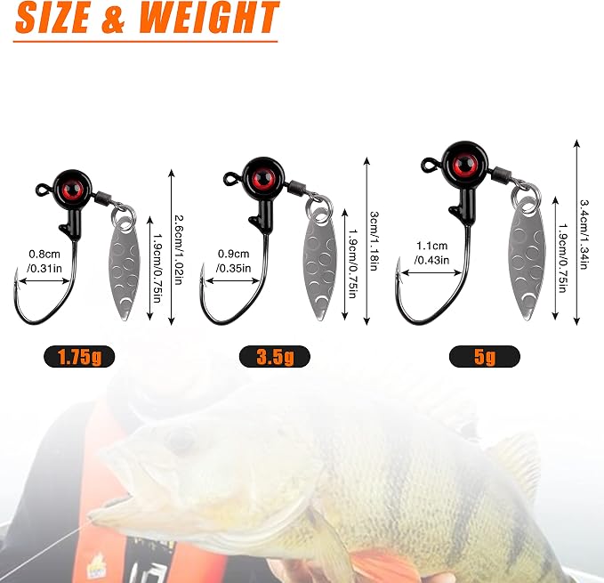 Crappie Jig Heads Fishing Lures Kit, 15pcs Underspin Jig Heads with Spinner Blade Crappie Lures Eye Ball Head Painted Fishing Jigs for Bass, Trout, Panfish, Sunfish