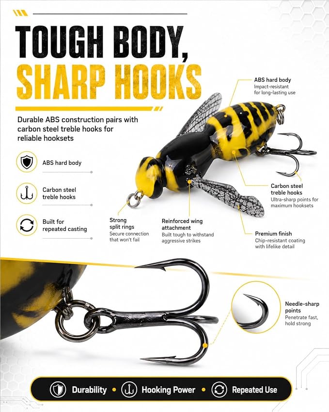2026 New Bionic Wasp Crawl Bait-Topwater Micro Fishing Lure with Acoustic Noise Steel Balls for Bass & Pike Professional Anglers,Realistic Freshwater and Saltwater-W/Carbon Steel