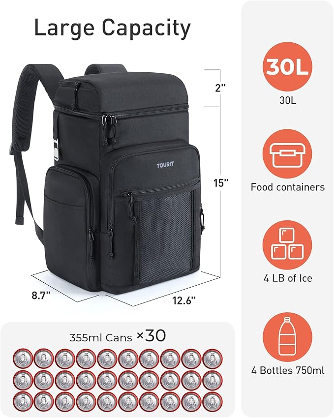 TOURIT Insulated Backpack Cooler: 30 Cans Waterproof Leakproof Soft Cooler Bag Beach Travel Picnic Camping
