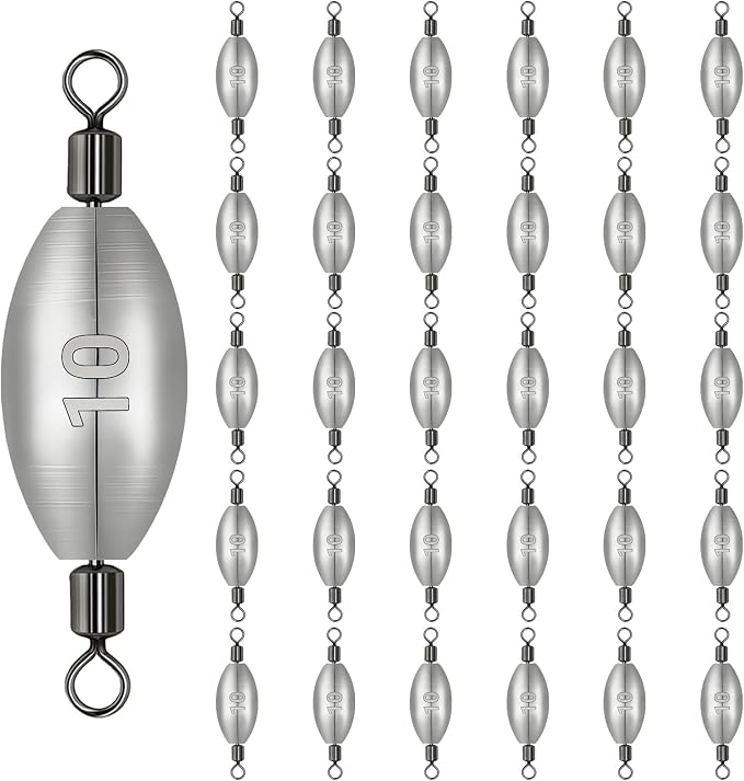Inline Trolling Weights with Swivel, Fishing Sinkers for Catfish Bass Saltwater Freshwater, Anti-Twist Smooth Rolling Egg Sinker Design, Assorted Sizes Fishing Weights Kit
