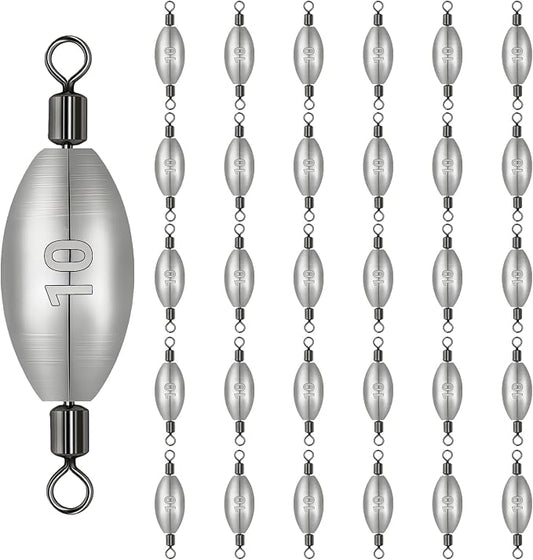Inline Trolling Weights with Swivel, Fishing Sinkers for Catfish Bass Saltwater Freshwater, Anti-Twist Smooth Rolling Egg Sinker Design, Assorted Sizes Fishing Weights Kit