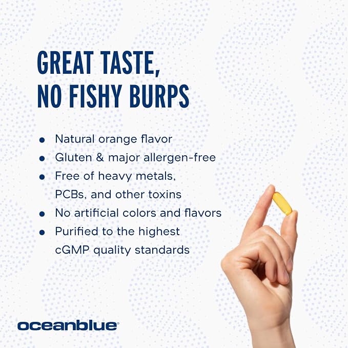 Oceanblue Professional Omega-3 2100 – Triple Strength DPA EPA DHA Omega 3 Supplement – High Potency Burpless Wild Caught Fish Oil – Orange Flavor, 120 Softgels (60 Servings)