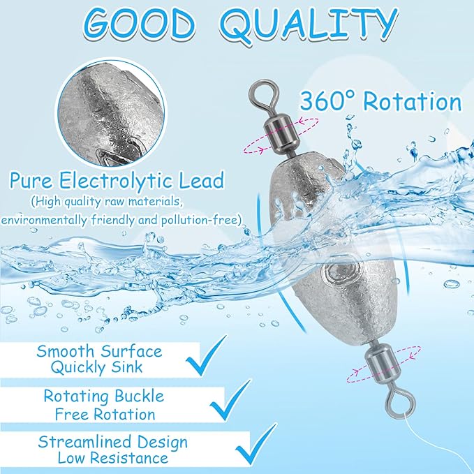 Fishing Weights Sinkers Inline Trolling Fishing Sinkers Egg sinkers with Inner Swivels Oval Drop Lead Fishing Weights for Saltwater Freshwater Fishing