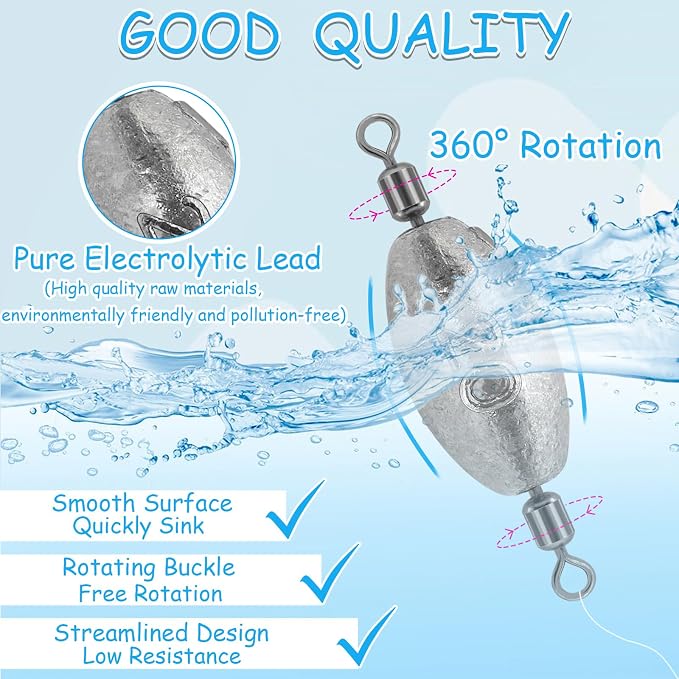 Fishing Weights Sinkers Inline Trolling Fishing Sinkers Egg sinkers with Inner Swivels Oval Drop Lead Fishing Weights for Saltwater Freshwater Fishing