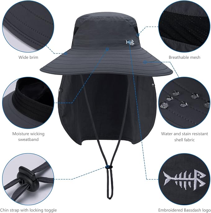 BASSDASH UPF 50+ Breathable Sun Hat with Removable Face Cover and Neck Flap Wide Brim Bucket Hat for Fishing Hiking Men Women