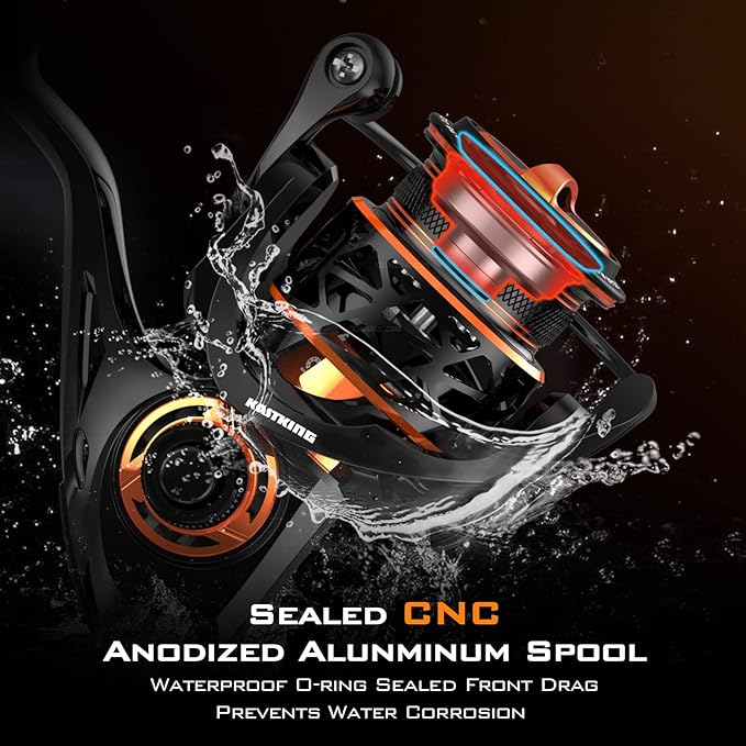 KastKing Zephyr Spinning Reels – 7+1/6+1 BB – Carbon Fiber Drag – Stainless Steel Shaft – Aluminum & CNC Spool – Black/Green/Orange – Sizes 500/1000 SFS – ICE Fishing Ready Reels!