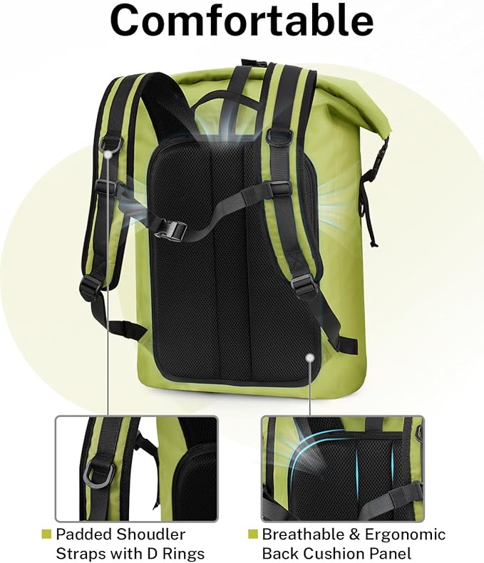 Gonex Ultralight Waterproof TPU Backpack, 55L Roll Top Dry Bag with Comfortable Padded Back Panel for Kayaking Boating Camping Fishing Travel,Green