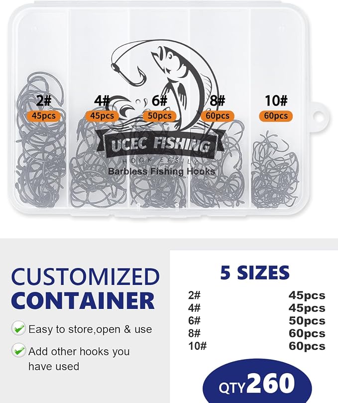 UCEC 190/220/260PCS Barbless Fishing Hooks, Carp Hooks Circle Curve Shank Fly Tying Fishing Hook Tackle Kit for Freshwater Saltwater Hair Rig Trout Size: 2# 4# 6# 8# 10#
