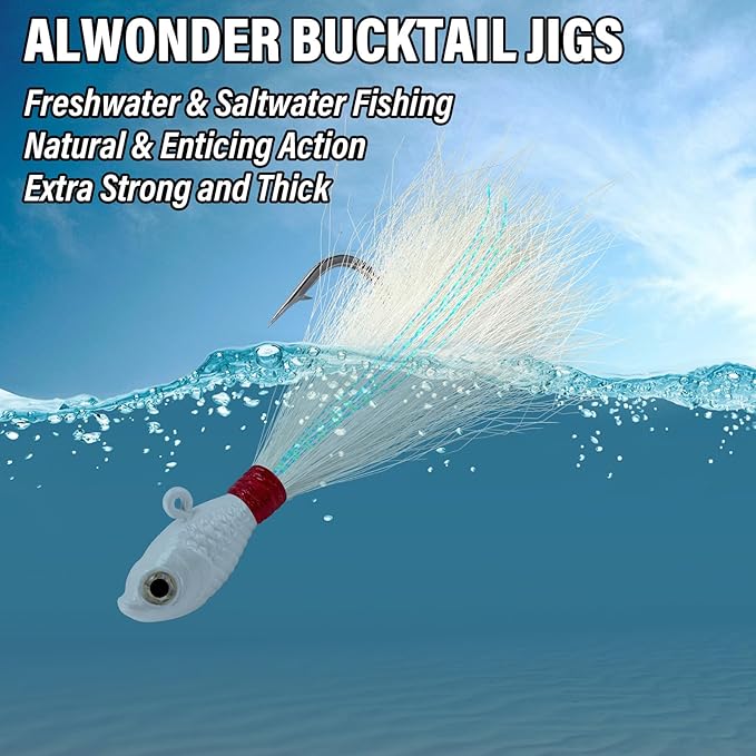 Alwonder 5-Pack Bucktail Jigs Hair Jigs Saltwater Freshwater Fishing Bucktail Lures Surf Fishing Jig Heads White Luminous Chartreuse Swimbait Jig for Bass Flounder Striper Bluefish Halibut Redfish