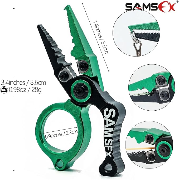 SAMSFX Mini Fishing Pliers with Fly Fishing Zinger Retractor, Fish Hook Remover Tool, Split Ring Pliers for Saltwater & Freshwater, Tungsten Carbide Cutters, Fishing Gear Gift for Anglers