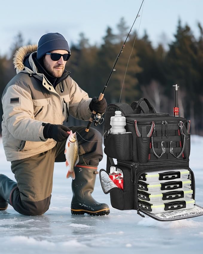 MATEIN Fishing Backpack with 4 Tackle Boxes, Fishing Bag with Rod Holder & Safety Compass & Cooler, Gifts for Fishermen