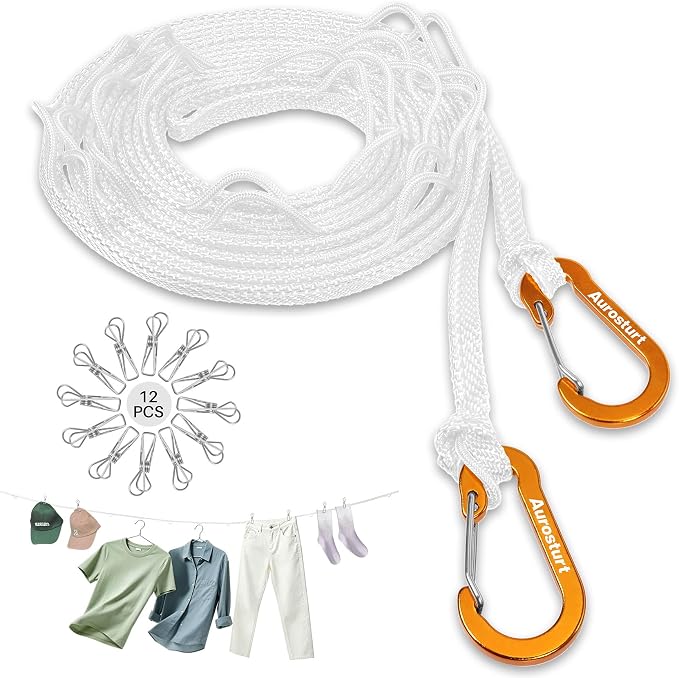 Portable Clothesline for Travel, Windproof Clothing line with Hang Hole, Outdoor & Indoor Laundry Drying with Clothes Clips Camping Accessories (White, 16.5 FT)