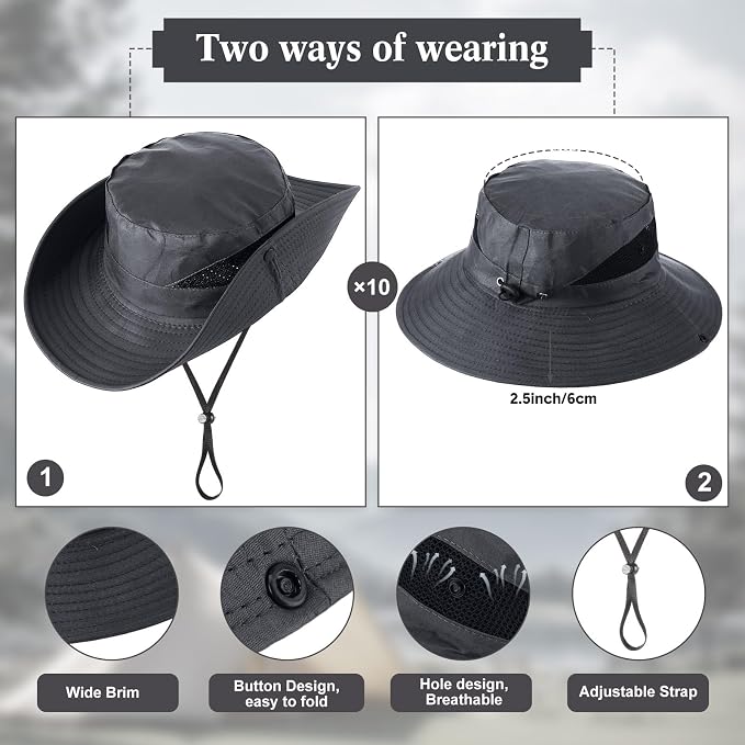 Xtinmee 10 Pcs Bucket Hat Bulk Safari Hat Wide Brim Boonie Hiking Fishing with Chin Strap for Women Men Adult Summer