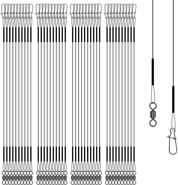 Stainless Steel Fishing Wire Leaders, Black Coated & Uncoated Options, Heavy Strength 31–100LB, 6–21in Multi Sizes with Rolling Swivels Snaps for Salt Fresh Water Shark Pike Barracuda