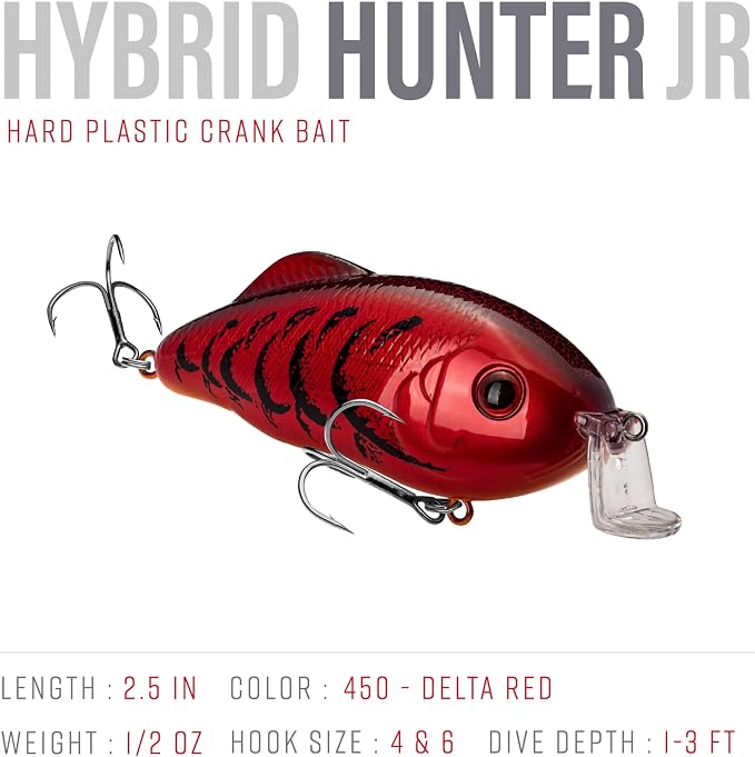 Strike King Hybrid Hunter Shallow Jr. Fishing Lure, Shallow Diving Crankbait, 90-Degree Bill, 3D Eyes, Loud Rattle, Dives 1 to 3-Feet,Size 4 & 6 Treble Hooks