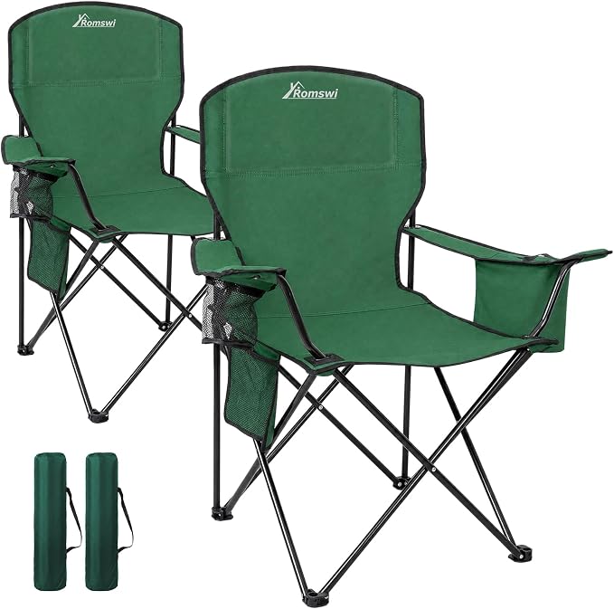 Romswi 2 Pack Camping Chairs Support 400LBS, Heavy Duty Folding Chair with 4-Can Cooler Bag, Portable Outdoor Chair with Cup Holder for Lawn, Beach, Fishing, Green